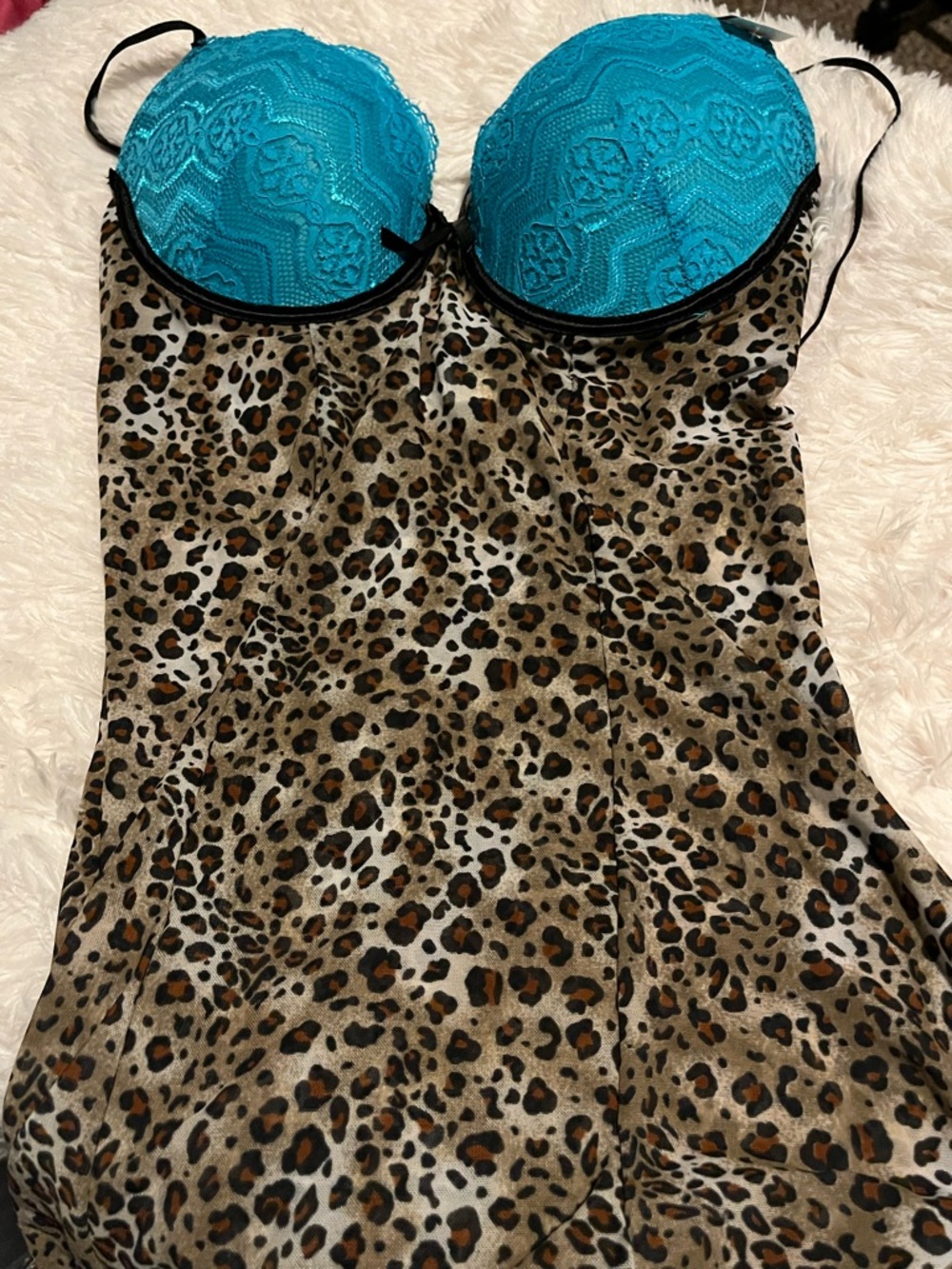 Rampage Leopard Chemise with Teal Lace Cups